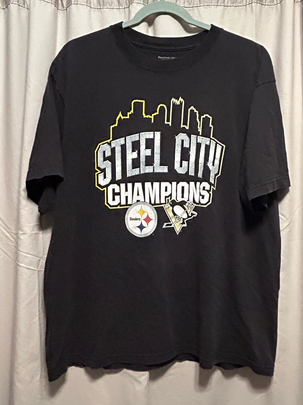 Reebok Black 'Steel City Champions' Graphic Tee with Yellow & White Accents
